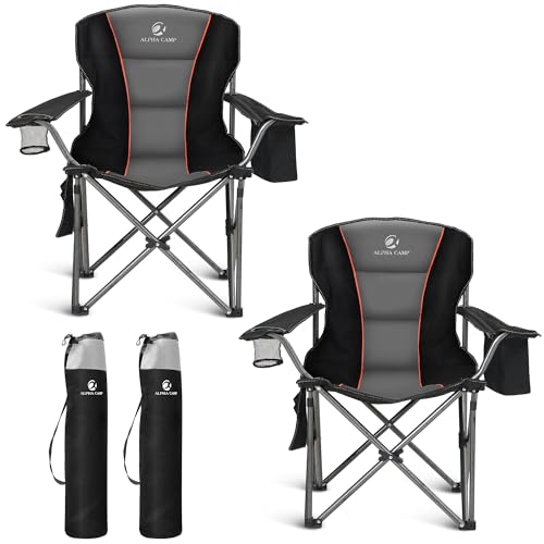 ALPHA CAMP Oversized Folding Camping Chair, Heavy Duty Portable Lawn Chairs with Cooler Bag, Side Pocket & Cup Holder, Folding Chairs for Outside Support 450 LBS