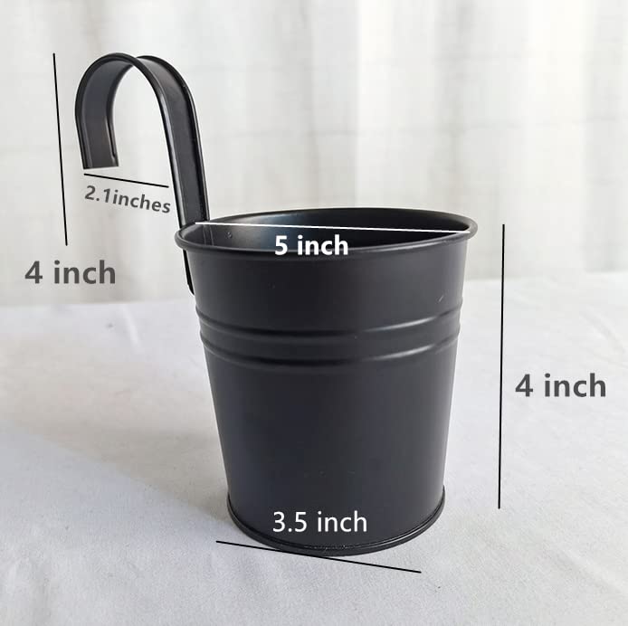 Hanging Flower Pots for Outdoor Indoor Plants with Removable Hooks -5 Pack Metal Buckets Hanging Plant Pots Wall Fence Home Decor-Storage Box,Drainage Holes -5''Diameter (Black)