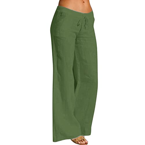Women Linen Casual Solid Cotton Elastic Waist Drawstring Long Wide Leg Pants Elastic Winter Pants