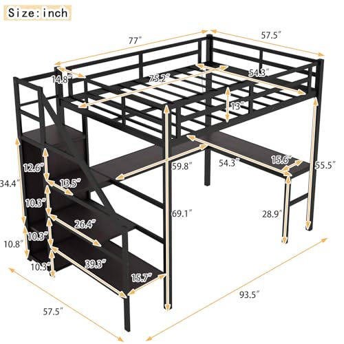 Twin XL Industrial Metal Loft Bed with L-Shaped Desk, USB, LED, Wardrobe, Adjustable Shelves, and Stairs (Black)