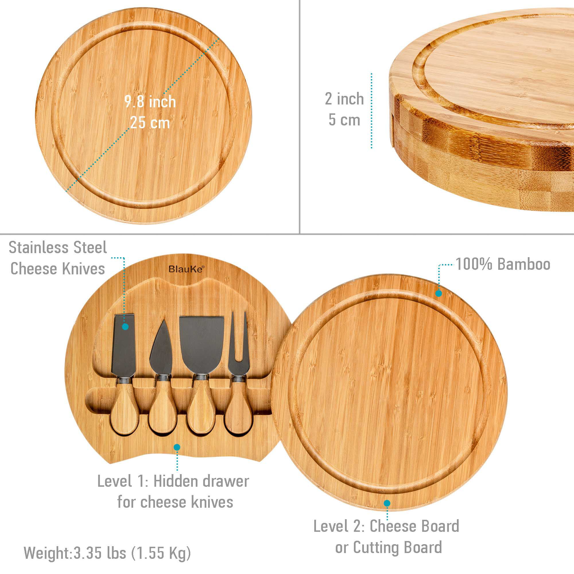 BlauKe® Bamboo Cheese Board and Knife Set – 10 inch Round Charcuterie Board, Serving Tray, Platter, Wood Cheese Board Set – Gift Idea