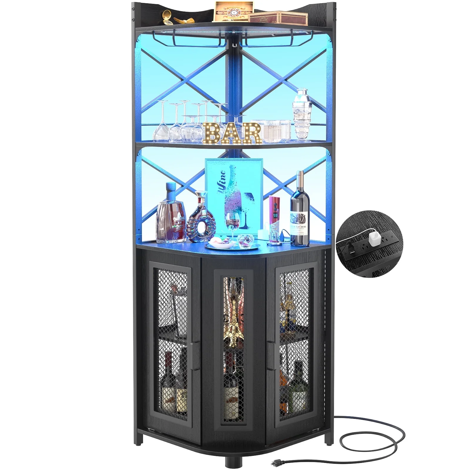 Homieasy Corner Bar Cabinet with Power Outlet, Industrial Wine Cabinet with LED Strip and Glass Holder, 5-Tiers Liquor Cabinet Bar Unit for Home, Corner Display Cabinet for Small Space, Black