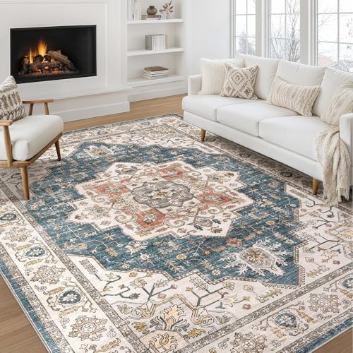 Area Rug 10x14 Washable Vintage - Soft Traditional Rug for Living Room Bedroom Dining Room or Home Office -Non Slip Backing Large Rugs with Low Pile Farmhouse Oriental Retro Carpet - Tea Brown