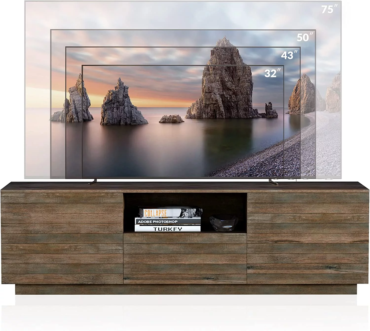 HJZBNONE 65" TV Stand for TVs Up to 75"  Media Entertainment Center Farmhouse TV Cabinet Console Table with Open   Drawer Unit for Bedroom Living Room  Brown