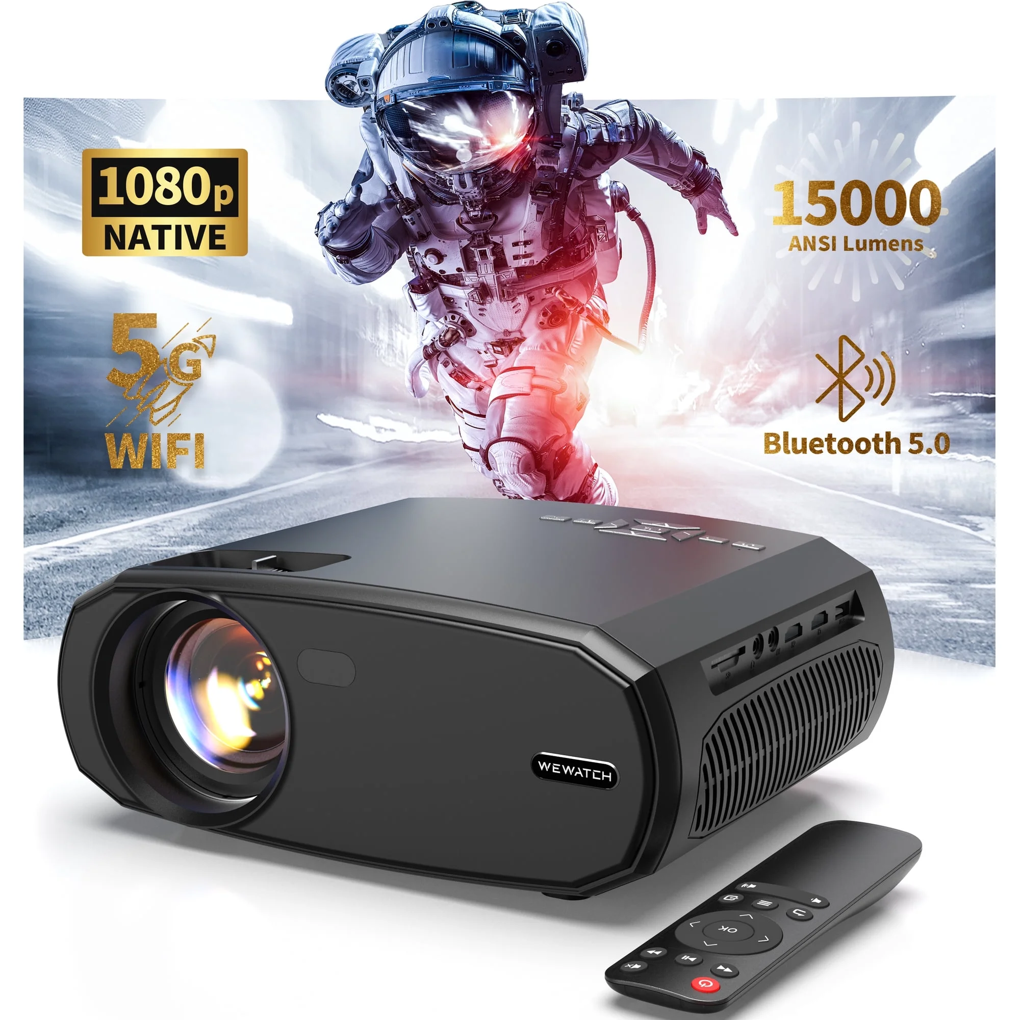 WEWATCH 230ANSI 15000 Lumens Outdoor Projector with 5G WiFi Bluetooth, 100% Zoom & Keystone Correction 1080P Projector, Portable Movie Projector for Home Theater, TV Sticker, HDMI, VGA, USB