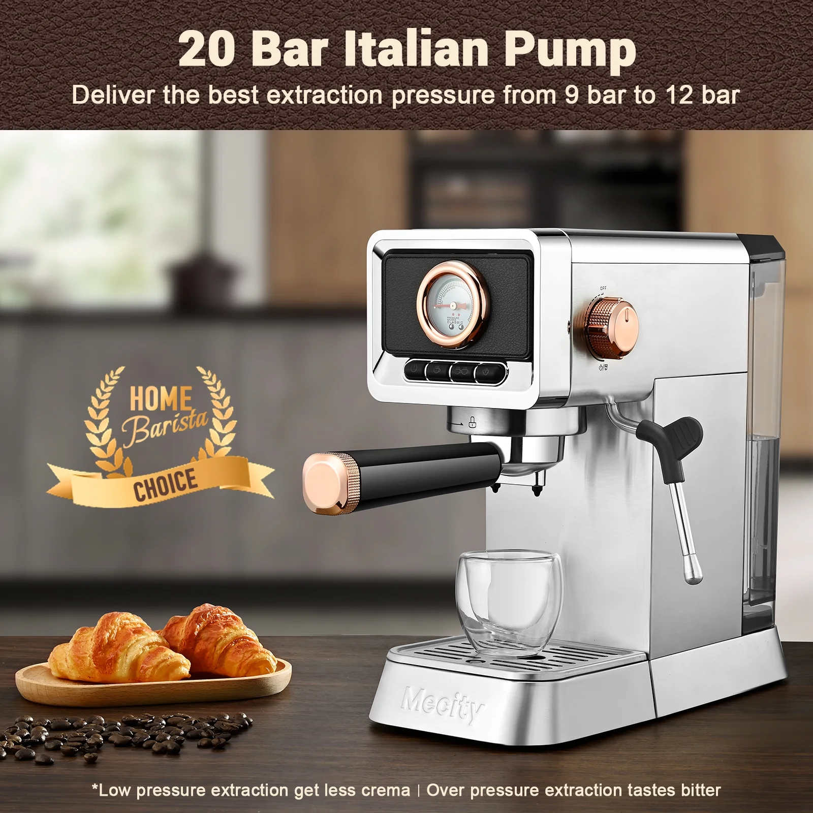 Mecity 20 Bar Espresso Machine with Milk Frother, Brushed Stainless Steel Shell, 37 fl.Oz Water Reservoir, Coffee Maker For Espresso, Latte, Mocha, Americano. 1400W, Silver
