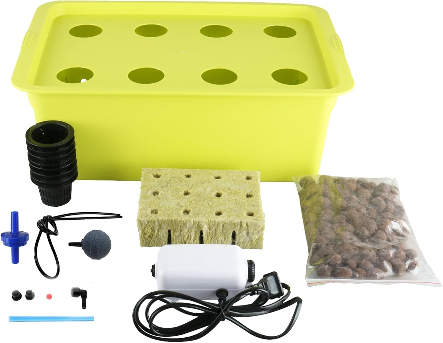 DWC Deep Water Culture Hydroponic System Growing Kit, Medium Size w/Airstone, 6 Plant Sites (Holes) Bucket, Air Pump, Rockwool - Best Indoor Herb Garden for Lettuce, Mint, Parsley (8 Sites)