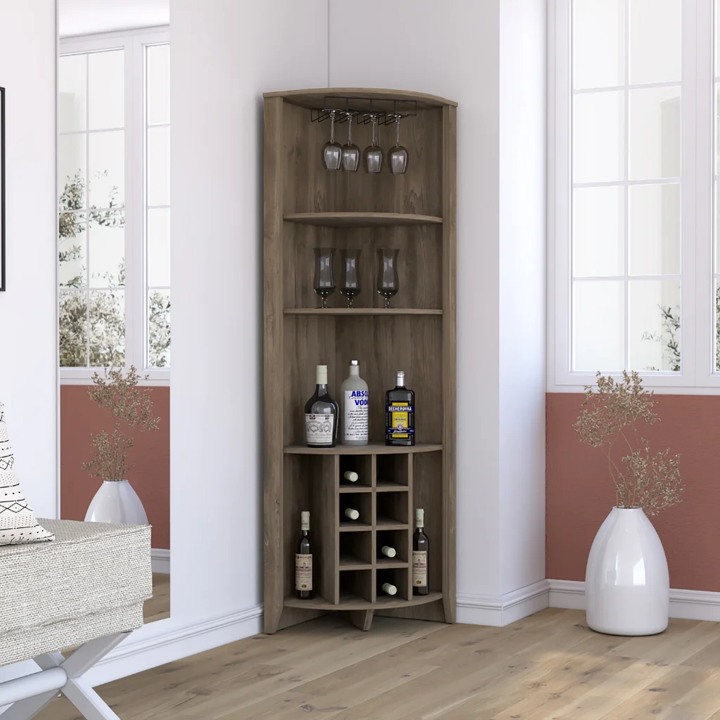 Depot E-Shop DE-BLB7786 Giza Corner Bar Cabinet, Dark Brown