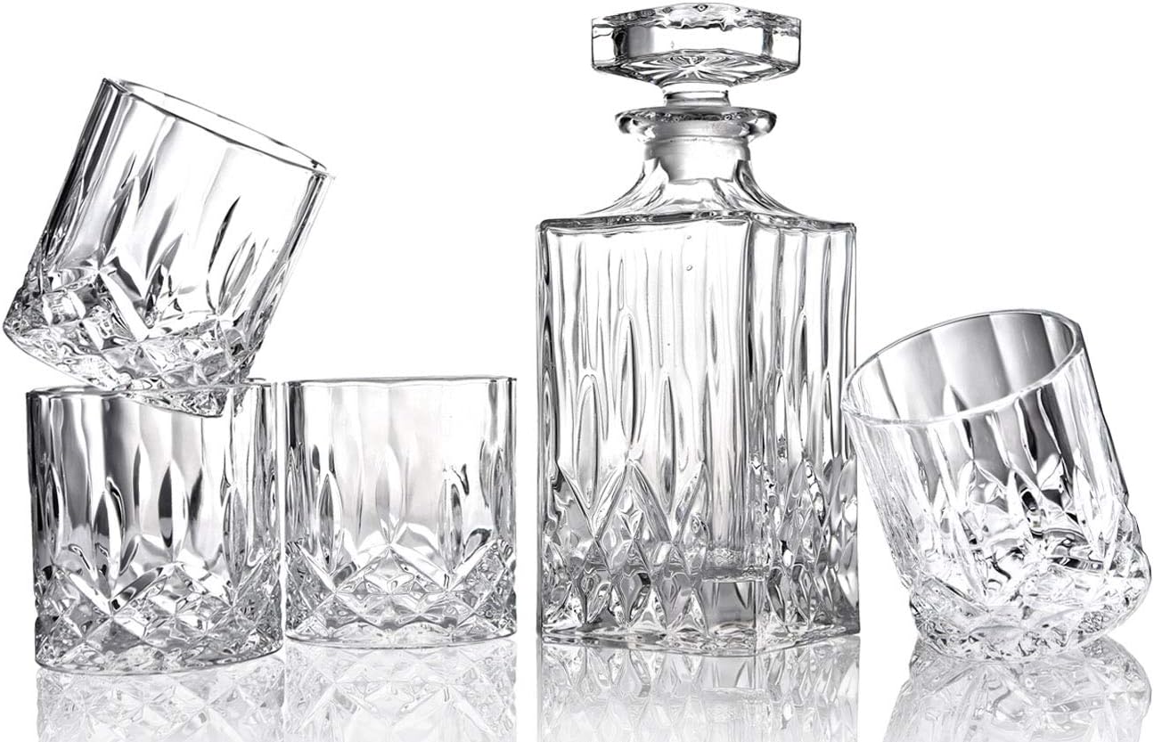 ELIDOMC 5PC Italian Crafted Glass Whiskey Decanter & Whiskey Glasses Set, Crystal Decanter Set With 4 Double Old Fashioned Glasses, 100% Lead Free Whiskey Glassware