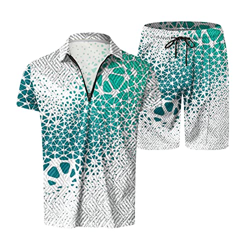 Mens Printed Outfits Zipper Short Sleeve Lapel Shirts Short 2 Piece Outfits Sets For Men Summer Beach Outfits Suits