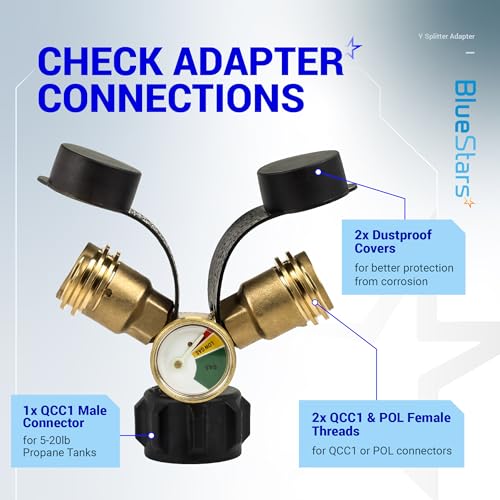 BlueStars Propane Tank Y Splitter QCC/POL with Gauge and Shut-Off Valve - Propane 2 Way Splitter Adapter Fitting for Gas Grills, Heaters, Camping Stoves, BBQ Griddles, Gas Burners, Heaters