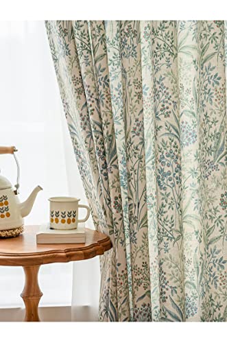 Floral Farmhouse Curtains Semi-Blackout Living Room Drapes 96 Inch Length Cotton Linen Blend Bohemian Window Curtain Panels White Bedroom Drapes, 1 Panel (Rod Pocket, 55