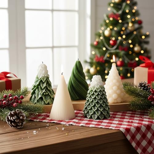 5 Pcs Christmas Tree Shaped Candles 3 x 4.7 Inch Large Wax Scented Soy Candle White Green Swirl Snowy Cedar Tree Design Christmas Table Decorations Indoor for Xmas Holiday Birthday Gifts
