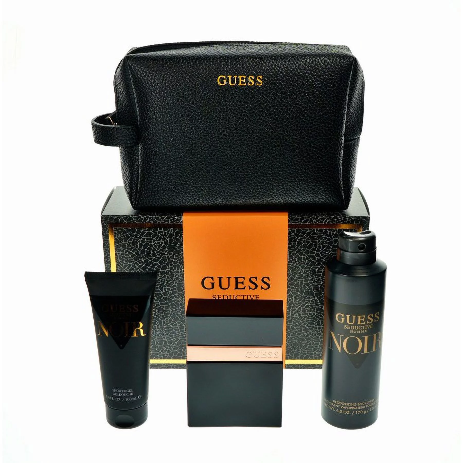 Guess Seductive Homme Noir , 4 Pc Gift Set 3.4oz EDT Spray, 6oz Deodorant Body Spray, 3.4oz Shower Gel, Pouch