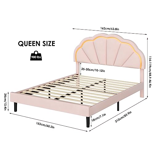 HIFIT Full Upholstered Smart LED Bed Frame with Adjustable Chic Petal Headboard, Princess Full Size Platform Bed Frames for Kids/Girls, Wooden Slats Support, No Box Spring Needed, Easy Assembly, Pink