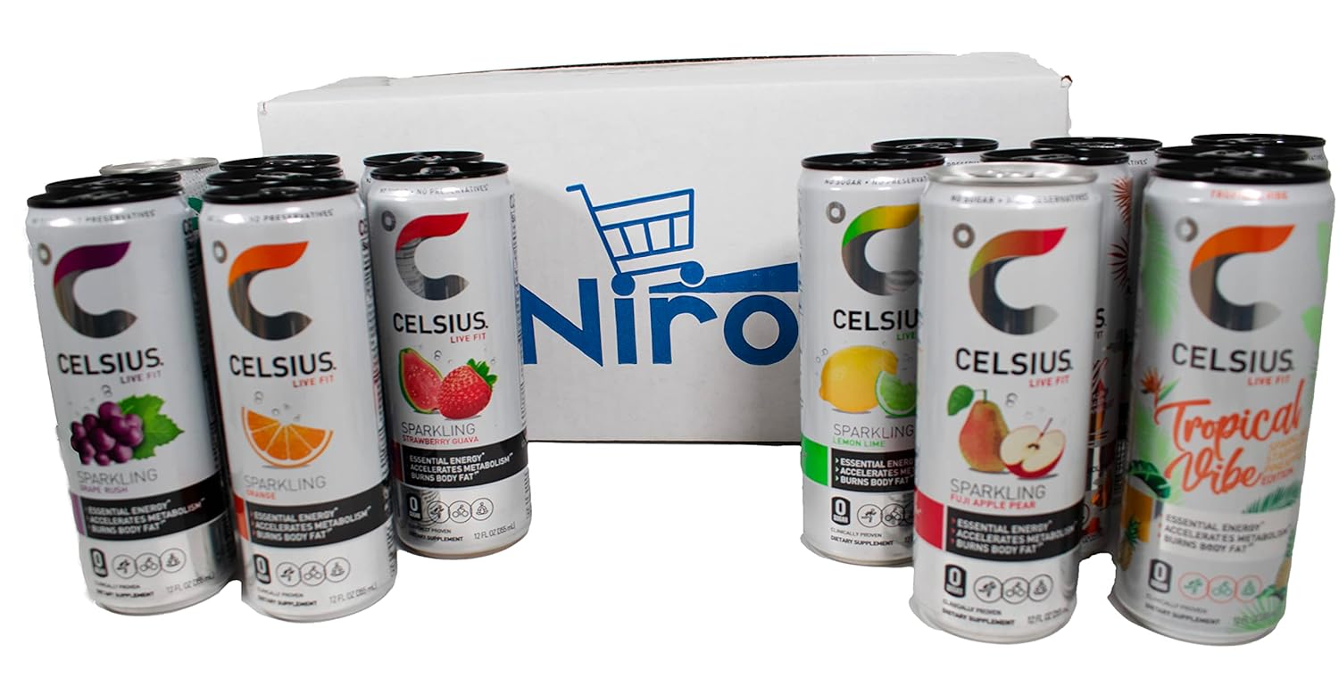 Niro Assortment | Celsius Sparkling Energy Drink |12 Pack Variety Sampler | 12 Assorted Flavors In Every Package | No Sugar or Preservatives | 12 fl oz, Slim Cans