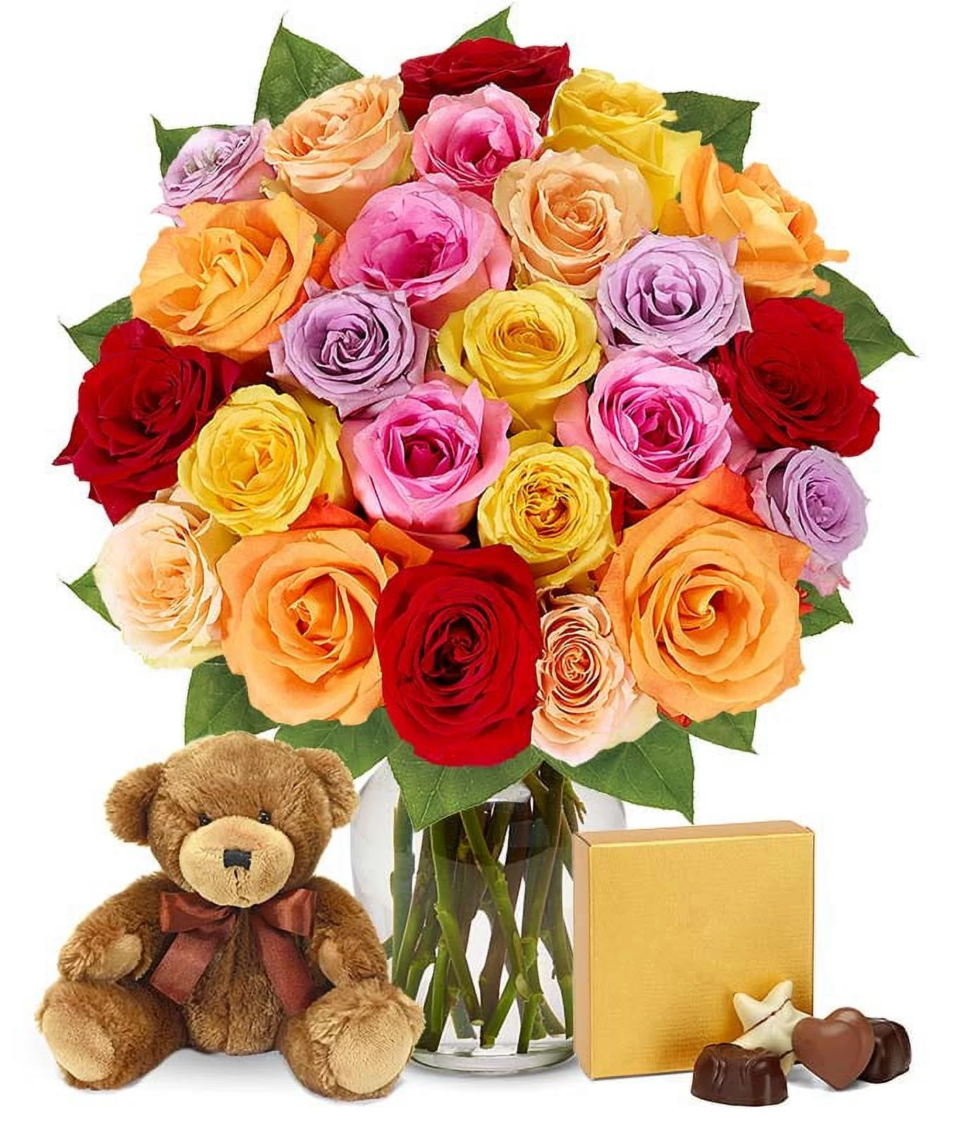 From You Flowers - Two Dozen Mixed Rainbow Roses + Chocolates + Bear (Fresh Flowers)