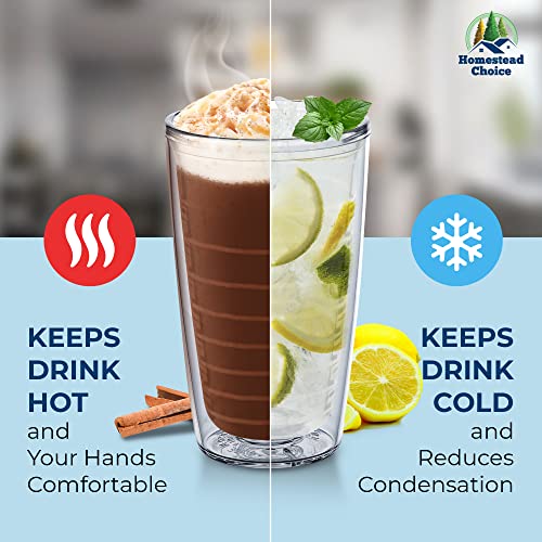 Homestead Choice 16oz Insulated Tumblers Plastic Keeps Drinks Cold & Hot, 4pack Double Walled Clear Insulated Drinking Glasses Cup, BPA-Free, Dishwasher Safe Reusable, Camping,Travel, Kitchen, Party