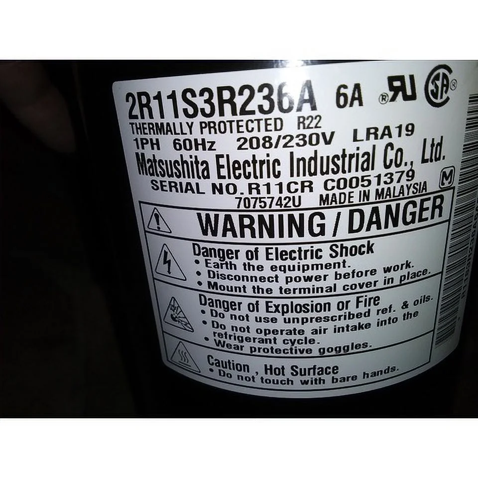 MATSUSHITA 2R11S3R236A 1/2 HP AC/HP ROTARY COMPRESSOR, 208-230/60/1 R-22 200633