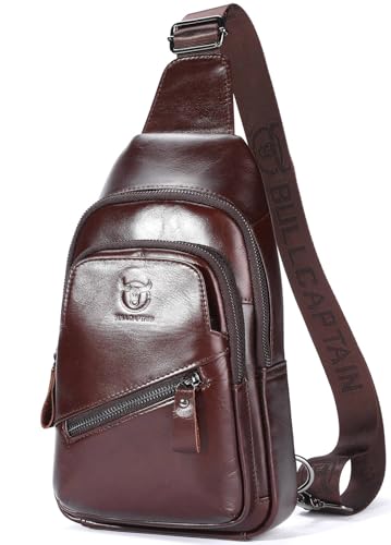BULLCAPTAIN Leather Sling Bag for Men with USB Charging Port Chest Bag Shoulder Bag Crossbody Daypack Hiking Travel Backpack