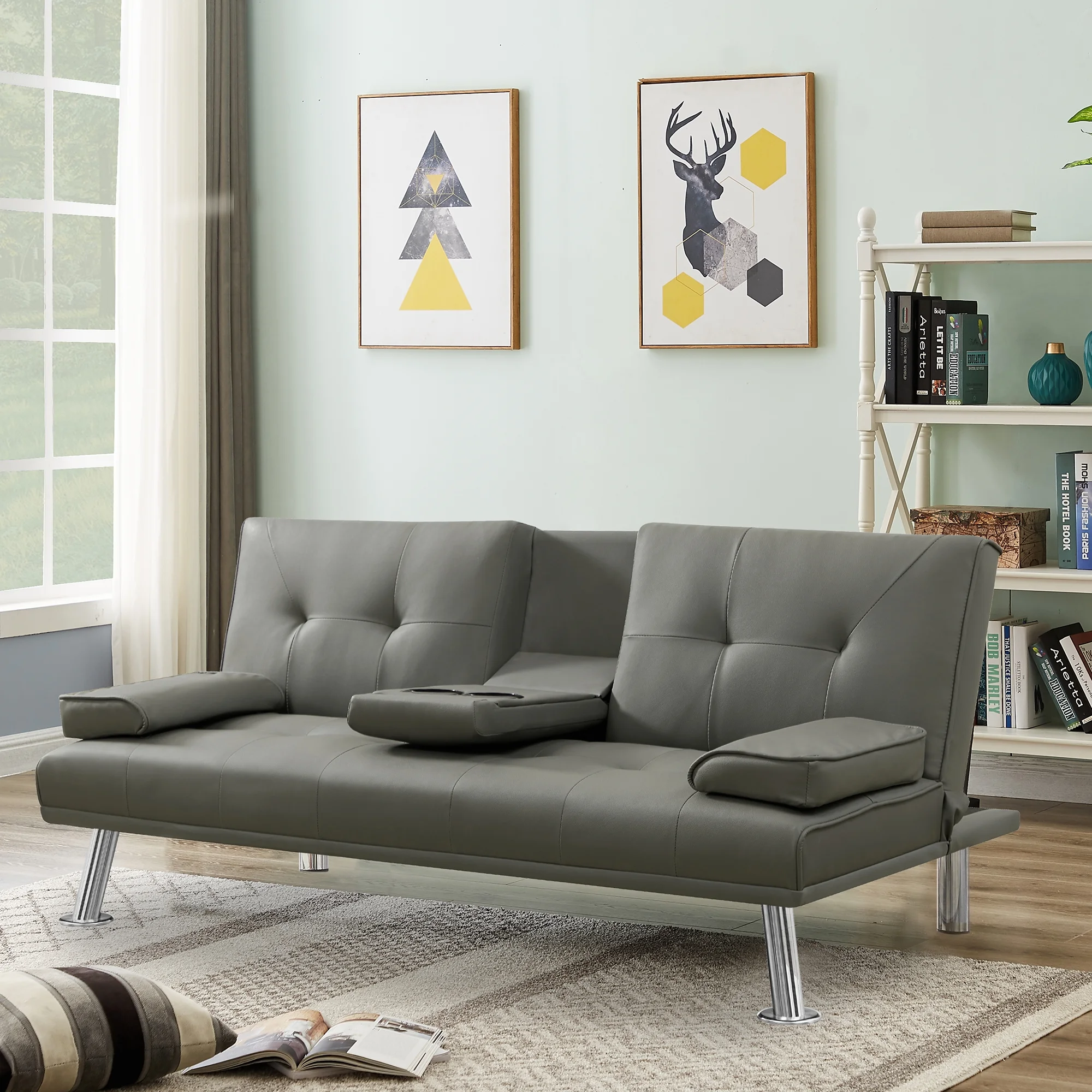 Gray Faux Leather Loveseat Sofa Bed with Cup Holders , Convertible Folding Sleeper Couch Bed