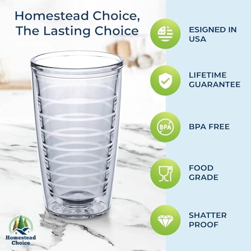 Homestead Choice 16oz Insulated Tumblers Plastic Keeps Drinks Cold & Hot, 4pack Double Walled Clear Insulated Drinking Glasses Cup, BPA-Free, Dishwasher Safe Reusable, Camping,Travel, Kitchen, Party
