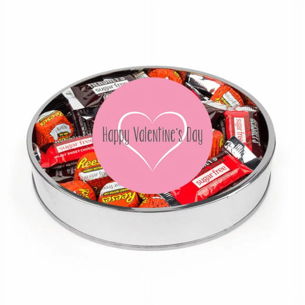 Valentine's Day Candy Gift Tin Large Silver Plastic Tin with Sugar Free Chocolate - Pink