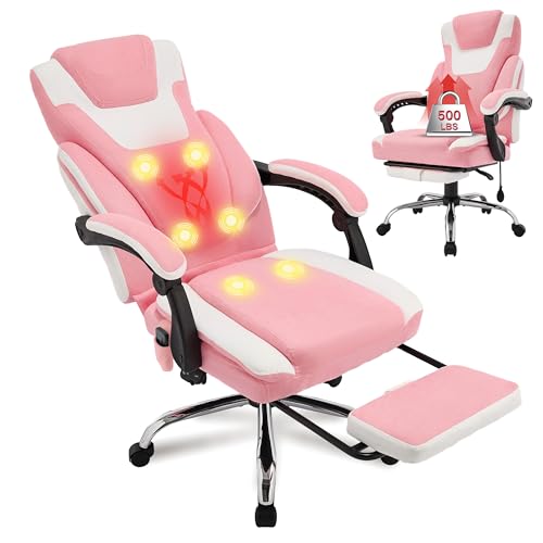 Massage Office Chair with Footrest,6-Point Vibration & Heat Executive Office Chairs,500LBS Big and Tall Fabric Office Chair,Ergonomic Desk Chair for Heavy People,Recliner with Padded Armrest,Bluewhite