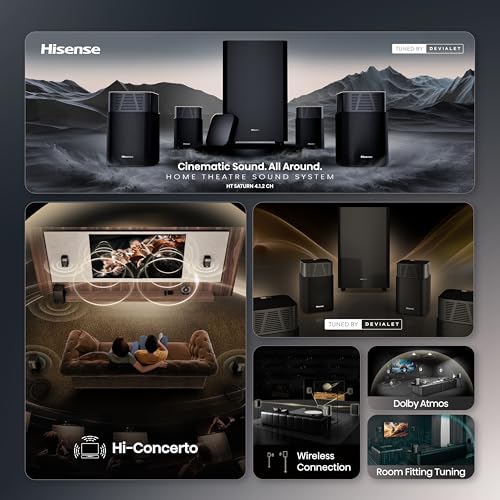 Hisense HT Saturn 4.1.2Ch Sound Bar with Wireless Subwoofer, Dolby Atmos, DTS:X, Bluetooth 5.3, EzPlay, 4K HDMI Pass Through, Roku TV Ready, HDMI/AUX/ARC/Optical/USB, 5 EQ Modes, Hi Concerto