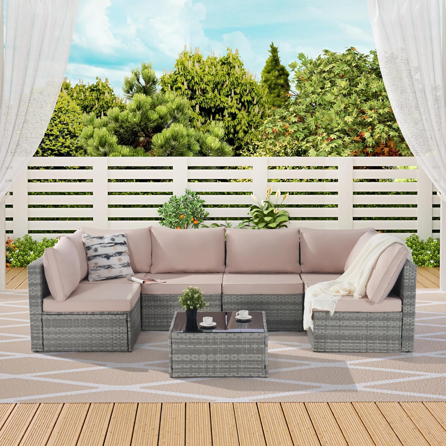 7 Piece Patio Furniture Outdoor Conversation Set, All-Weather PE Rattan Wicker Sectional Sofa w/Coffee Table & Thickness Cushion for Deck, Porch, Terrace, Beige