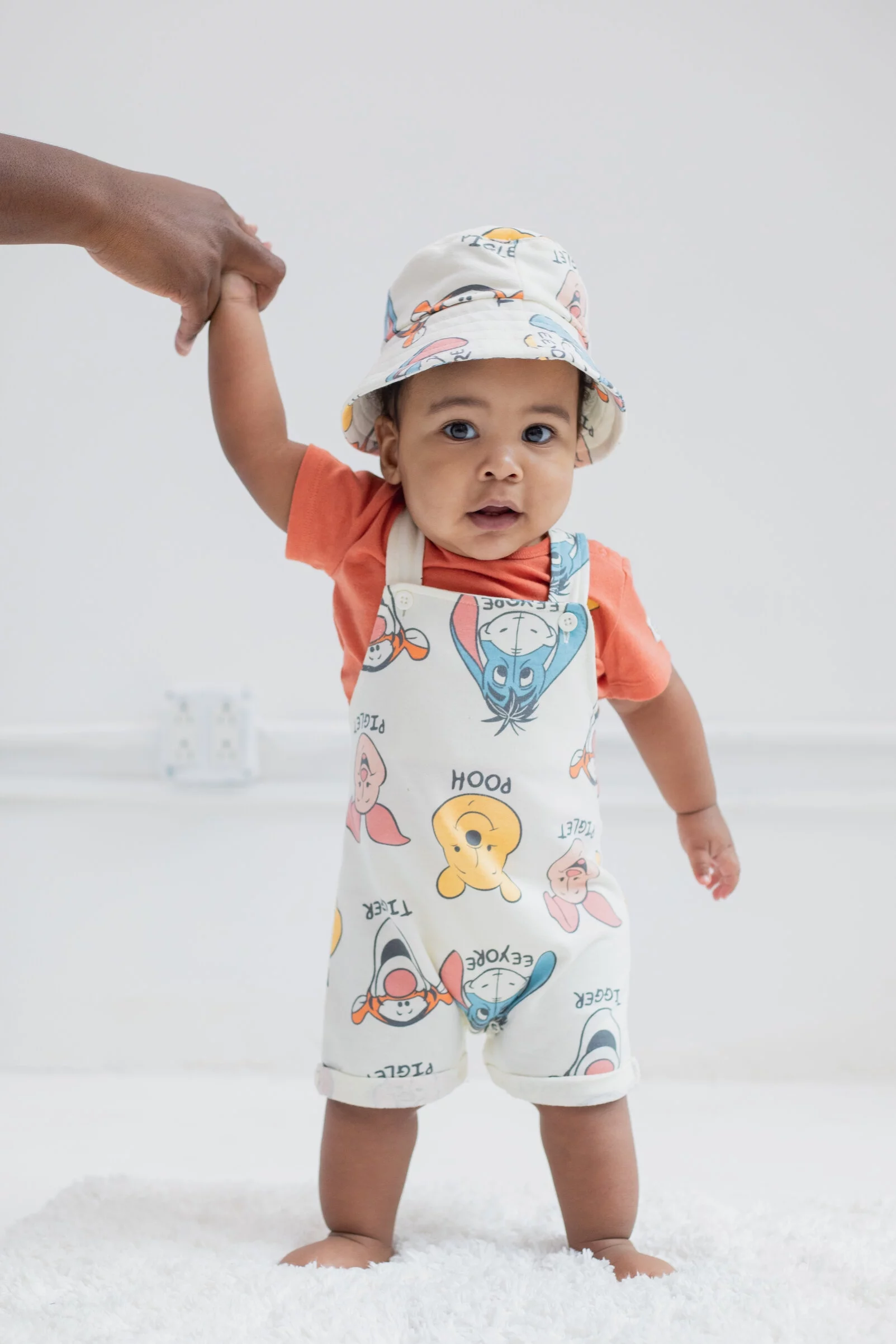 Disney Winnie the Pooh Eeyore Piglet Newborn Baby Boys Short Overalls French Terry T-Shirt and Hat 3 Piece Outfit Set Newborn to Infant