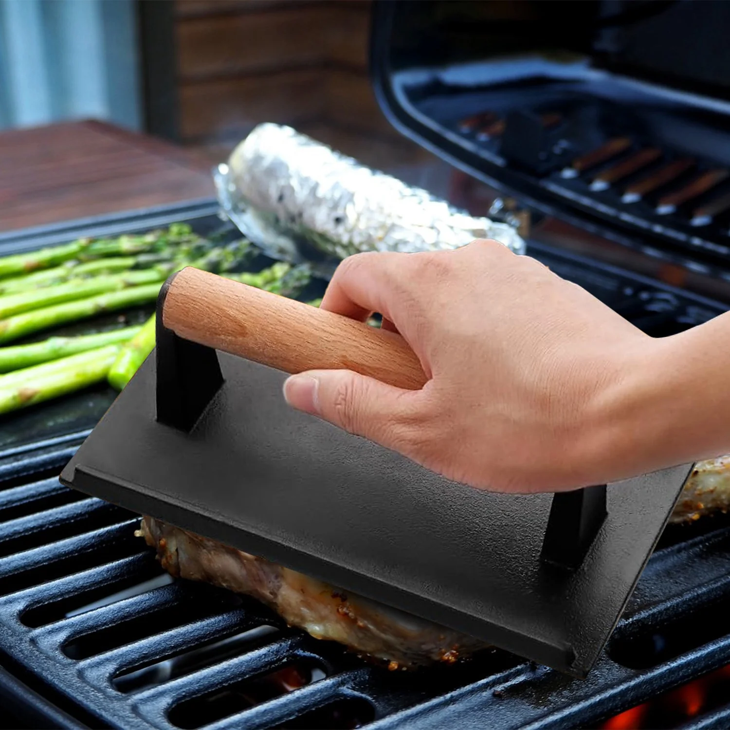 Pre Seasoned Cast Iron Grill, iMounTEK Heavy Duty Steak and Burger Press with Wooden Handle for Grills, Griddles and Flattops