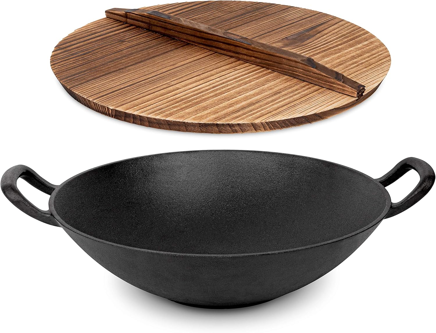 Homeries Pre-Seasoned Cast Iron Wok with 2 Handled and Wooden Lid (14 Inches) Nonstick Iron Deep Frying Pan with Flat Base for Stir-Fry, Grilling, Frying, Steaming - For Authentic Asian, Chinese Food