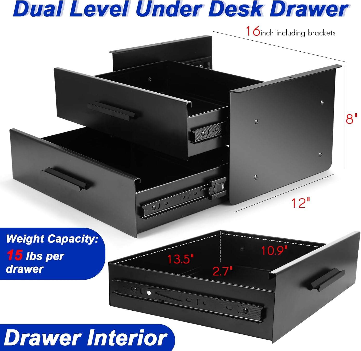 Under Desk Drawer Storage 16x12x8 Inch Pull out Dual Level Storage Organizer Mounted Metal Sliding Hidden Under Counter Drawer Vertically Stacked for Office Sit Stand Workstation, Black