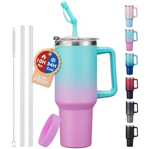 40 oz Tumbler with Handle and Straw Spout Lid - 100% Leak-proof Travel Coffee Cup, BPA Free Metal Mug, Vacuum Insulated Water Bottle- (Cold-34H & Hot-10H), Straw Cover, Silicone Boot