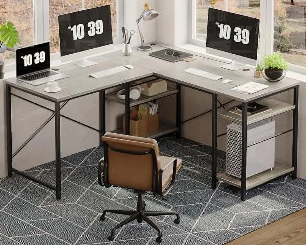 LNboomLife 95.2\u201D L Shaped Desk  Reversible Corner Computer Desk or 2 Person Long Table with Adjustable Shelves  Large Writing Study Workstation with 3 Cable Holes - Oak