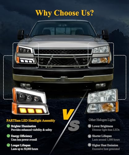 Partsam LED Headlights Assembly DOT Approved with Start-up Light DRL Sequential Turn Signal Hi/Low Sealed Beam Side Marker Lights Replacement for Silverado Avalanche 2003-2006