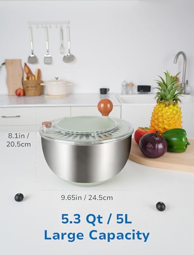 Stainless Steel Salad Spinner, Lettuce Spinner with Drain, Non-Slip Base & Stop Button, Large Vegetable Dryer, BPA Free, 5.3 Qt