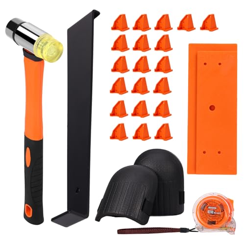 26 Pcs Wood Floor Installation Kit, Laminate Wood Flooring Tools with Rubber Mallet, Flooring Knee Pads, Heavy Duty Pull Bar, Solid Tapping Block,5-Meter Tape Measure and 20 Pcs Spacers