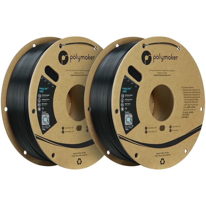 Polymaker ABS Filament 1.75mm Black, ABS 3D Printer Filament 1.75mm Heat Resistant 1kg - PolyLite ABS 3D Printing Filament 1.75mm, Strong & Durable, Dimensional Accuracy +/- 0.03mm