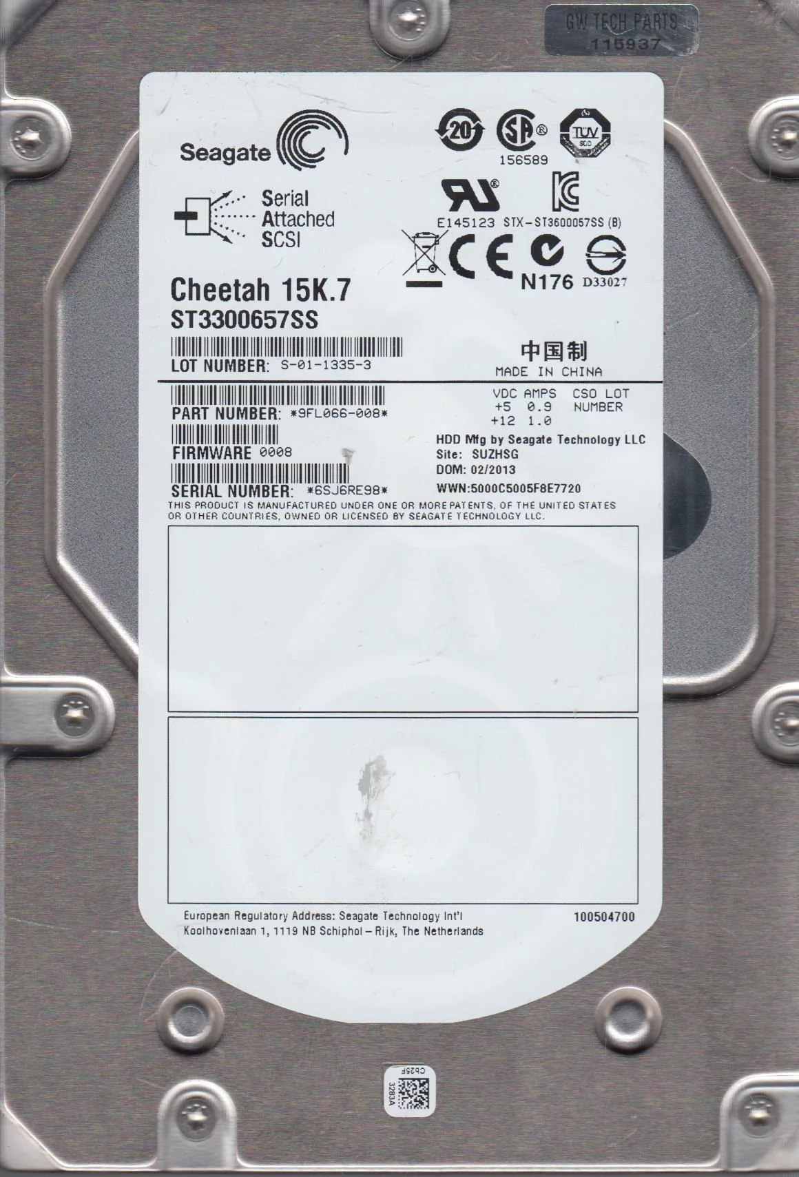 ST3300657SS, 6SJ, SUZHSG, PN 9FL066-008, FW 0008, Seagate 300GB SAS 3.5 Hard Drive