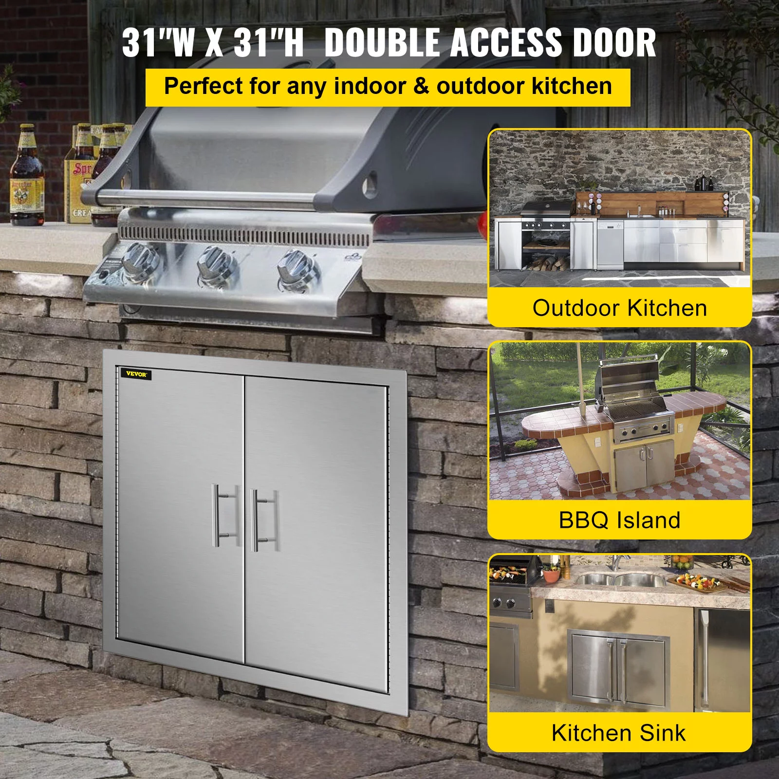 VEVOR 31 inch BBQ Access Door Stainless Steel BBQ Island Double Door with Paper Towel Holder for Outdoor Kitchen