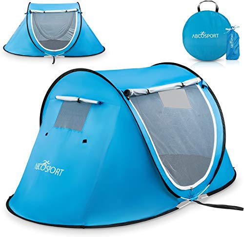 Abco Tech Pop Up Tent - Portable Tent for Camping 2 Person Pop Up with Double Doors - Water-Resistant and UV Protection - Foldable Cabana with Zipper and Carrying Bag - Sky Blue, 88.6