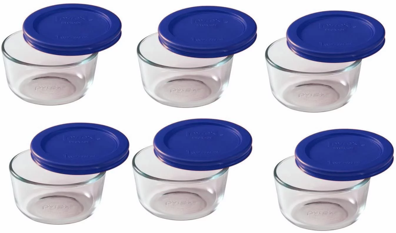 Pyrex 7202 1-Cup Glass Food Storage Bowls w/ 7202-PC 1-Cup Cadet Blue Lid Covers