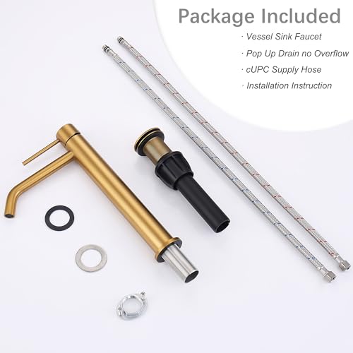 Brushed Gold Vessel Sink Faucet with Pop Up Drain and Supply Lines, Stainless Steel Gold Vanity Faucet Single Hole, JXMMP Single Handle Bathroom Faucet Gold, JXM1001BG
