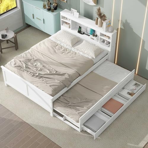 Full Platform Bed with Trundle - Wooden Storage Bed with Bookcase Headboard, USB Ports Outlets, Twin Size Trundle & 3 Drawers, Modern Full Size Solid Wood Bed Frame for Adults, White