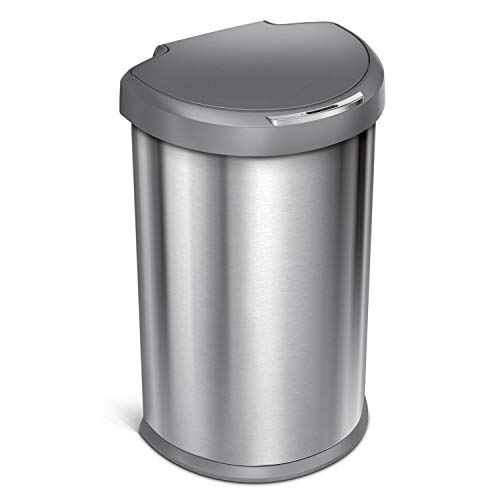 simplehuman 45 Liter / 12 Gallon Semi-Round Sensor Automatic Trash Can, Brushed Stainless Steel with Grey Plastic Lid