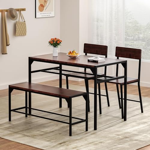 Shintenchi Kitchen Table Chairs Set of 4, Dining Table Set for 4 with Bench and Chairs, 4 Pieces Kitchen Table Set with Storage Rack & Metal Frame for Small Space, Black