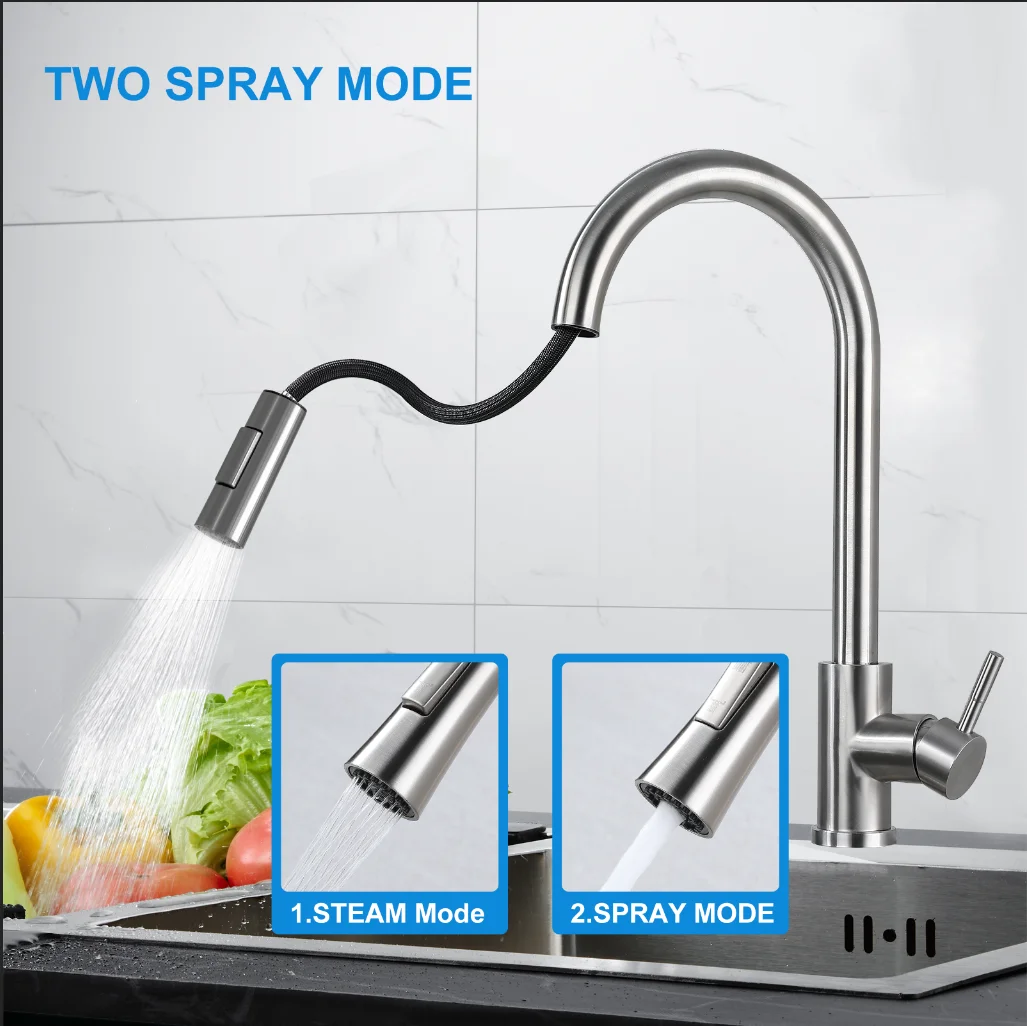 WYRAVIO Kitchen Faucet with Pull Down Sprayer, 304 Stainless Steel Kitchen Sink Faucets with Deck Plate, High Arc Single Handle