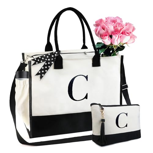BeeGreen Mother's Day Gifts Personalized Women's Large White and Black Canvas Tote Bag, Embroidered Initials, Leather Handle, Zipper Closure
